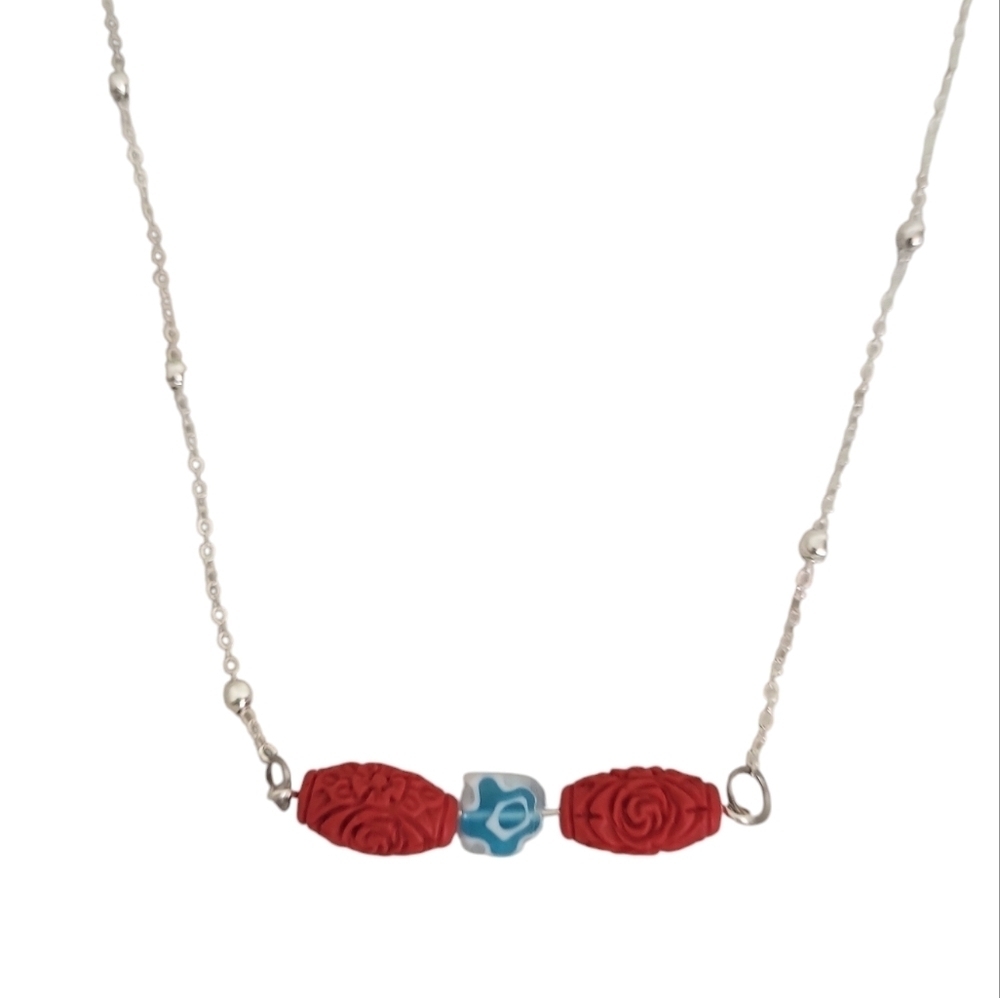 Hand Crafted Silver Plated Carved Cinnabar Millefiori Glass Ball Chain Necklace